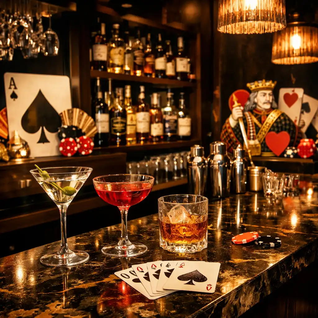 Bar z eleganckim blatem, butelkami i kieliszkami