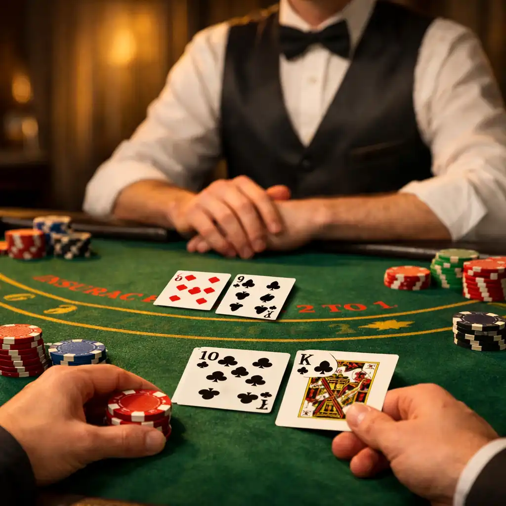 Stół do blackjacka z rozłożonymi kartami i żetonami