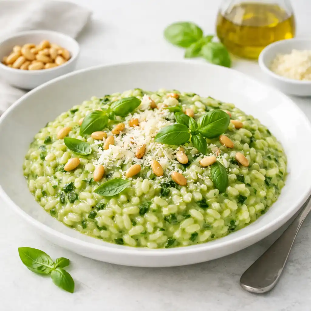 Risotto z bazylią w płytkim talerzu z parmezanem i orzeszkami piniowymi