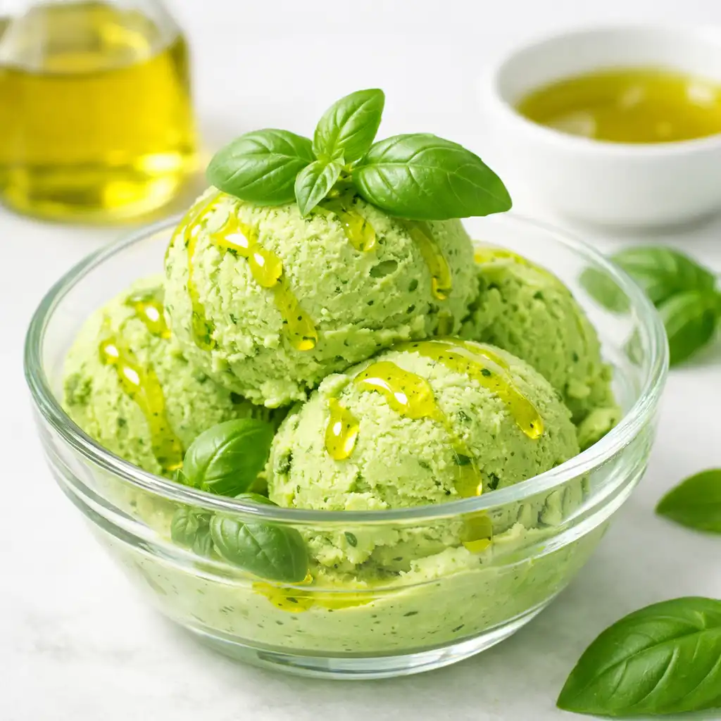 Lody bazyliowe w szklanej miseczce z oliwą i listkami bazylii