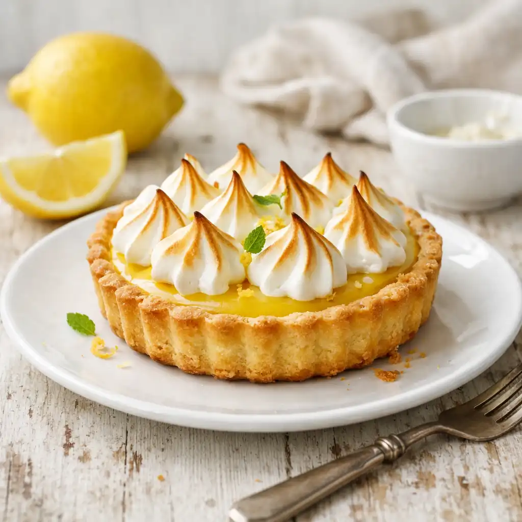 Tarta cytrynowa z bezą na białym talerzu