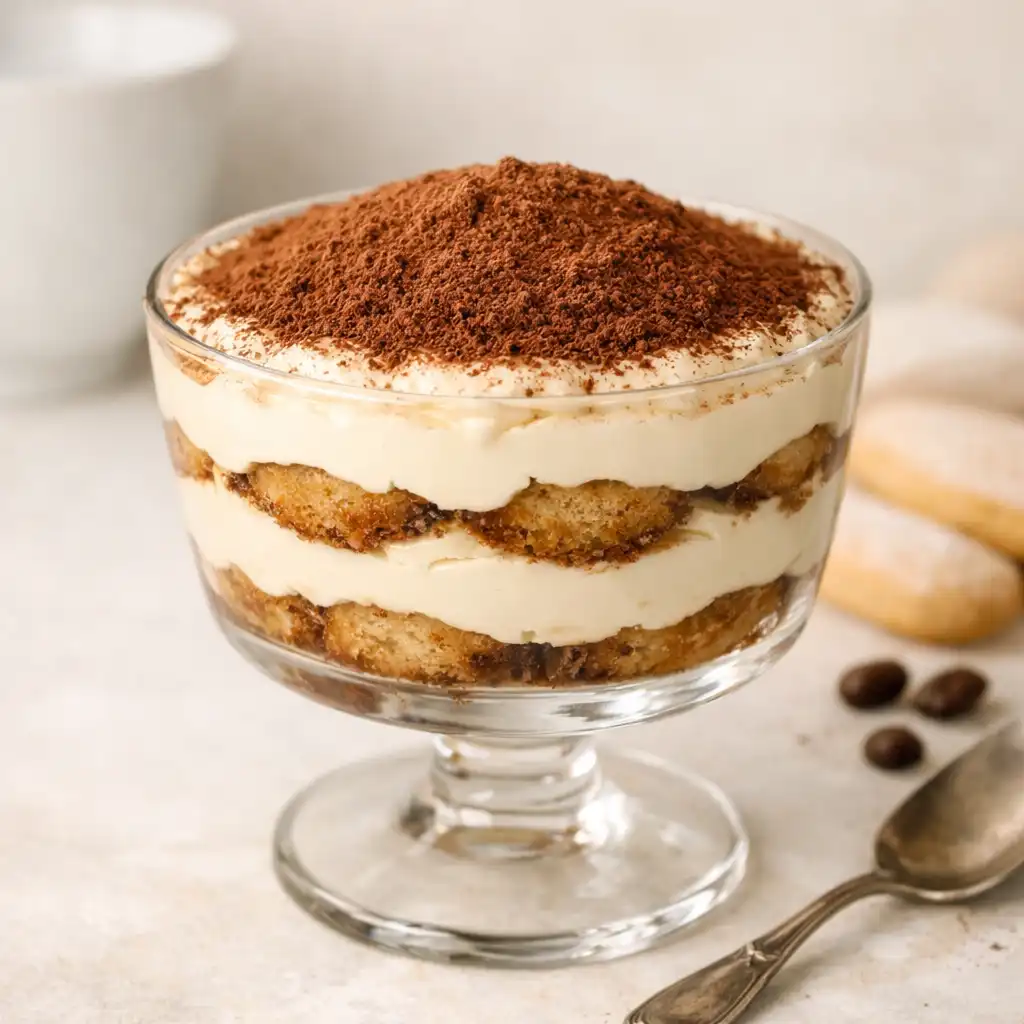 Tiramisu w szklanym pucharku z warstwami mascarpone i biszkoptów, posypane kakao