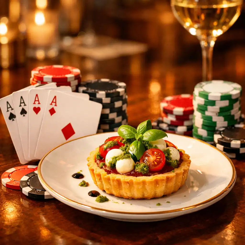 Elegancka przekąska z bazylią obok kart do pokera i żetonów na stole w Basil and Fork