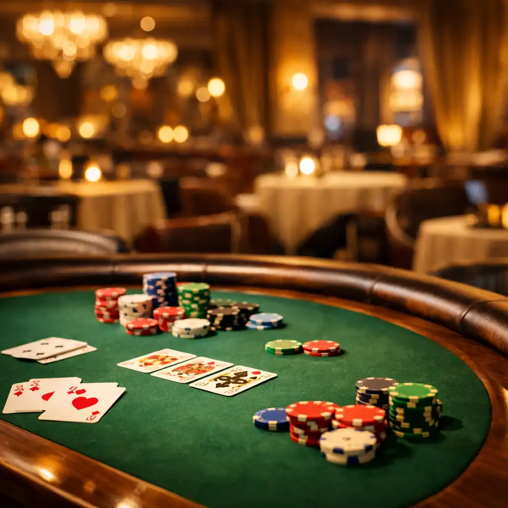 Elegancki stół pokerowy w restauracji Basil and Fork z zielonym suknem, kartami i żetonami