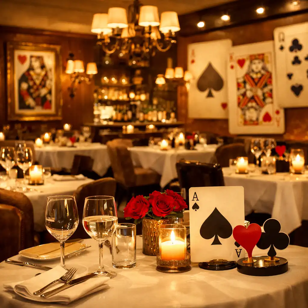 Elegancka sala restauracji z ciepłym oświetleniem i stolikami