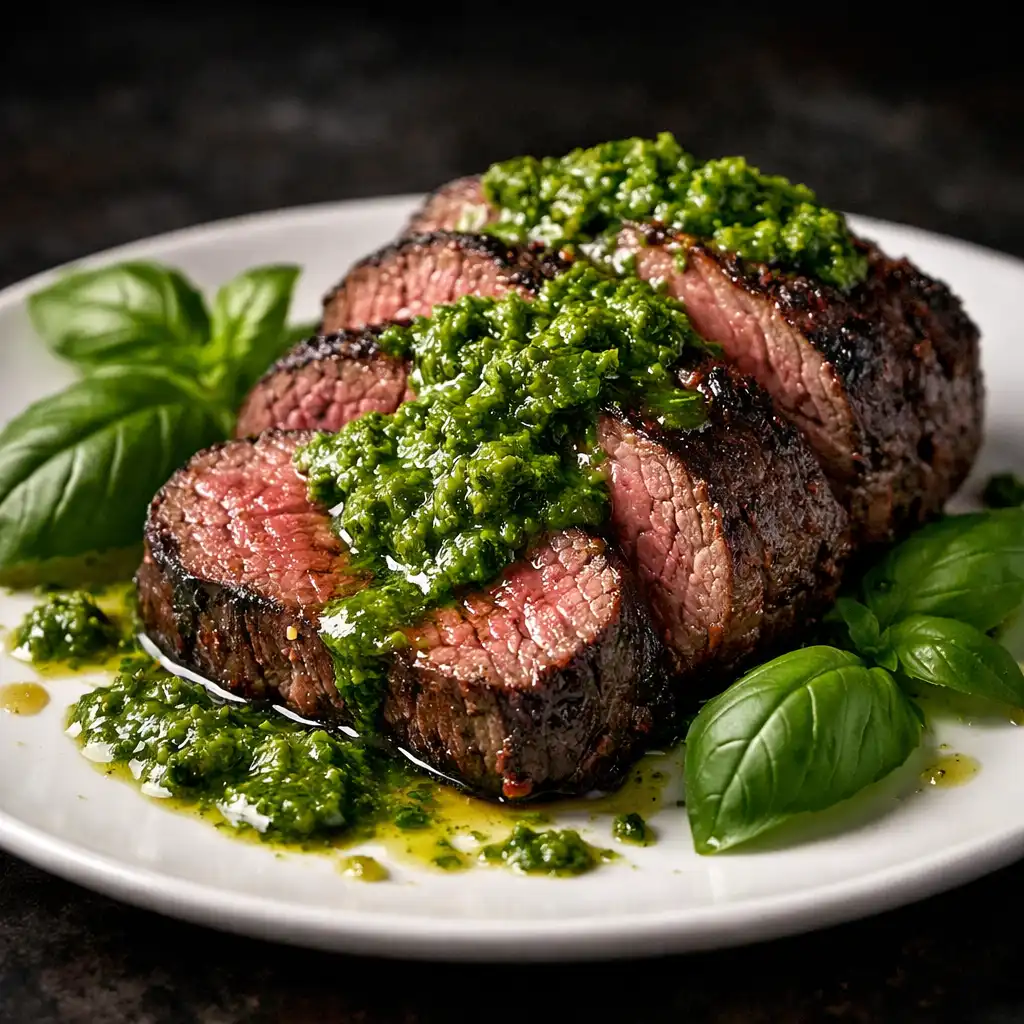 Polędwica z bazyliowym pesto podana z pieczonymi warzywami