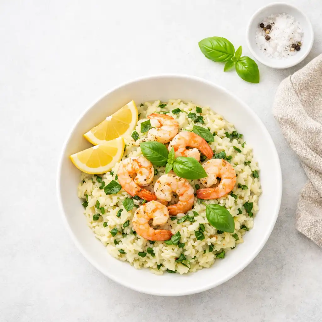 Risotto z bazylią i krewetkami wykończone cytryną