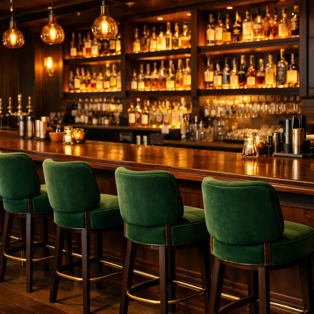 Bar z ciemnego drewna z podświetlanymi półkami i zielonymi hokerami w Basil and Fork