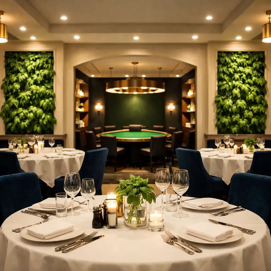Sala główna restauracji Basil and Fork z eleganckimi stołami i strefą gier w tle